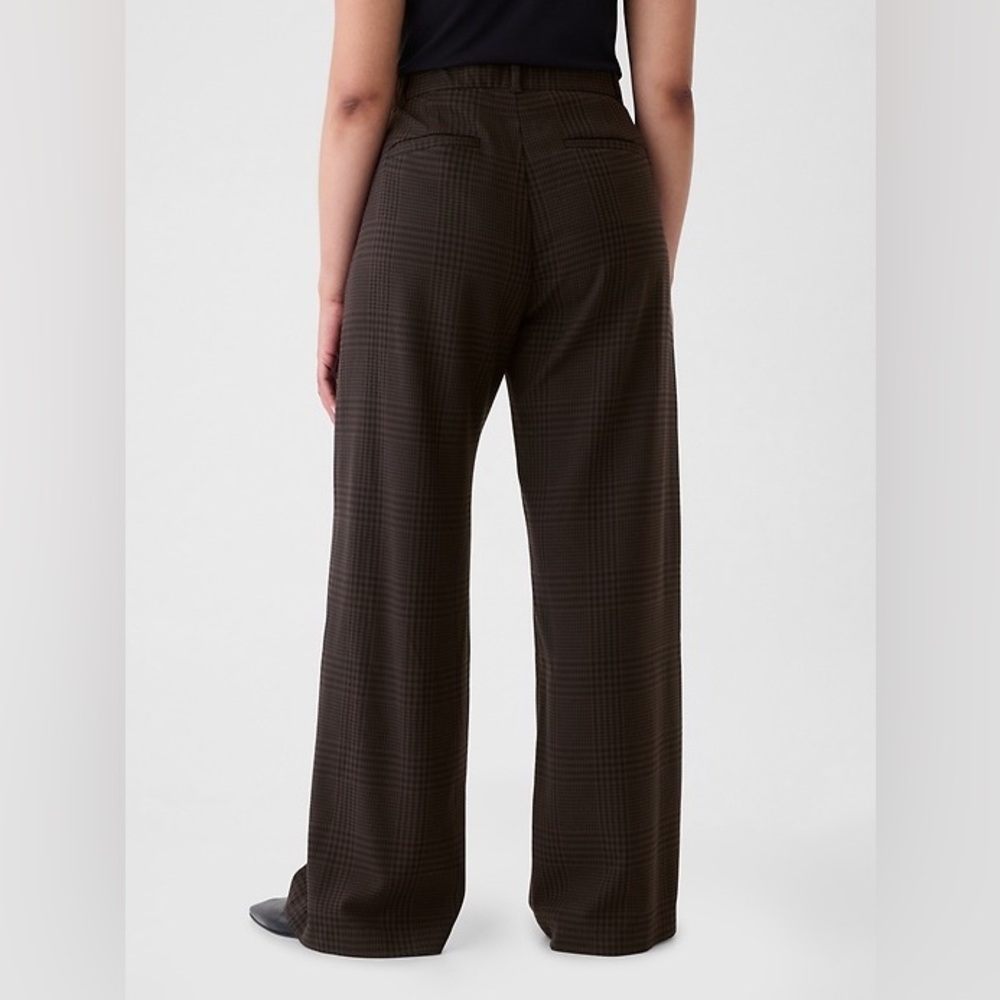 GAP 365 High Rise Twill Brown Checkered Wide Leg Pants 8 petite